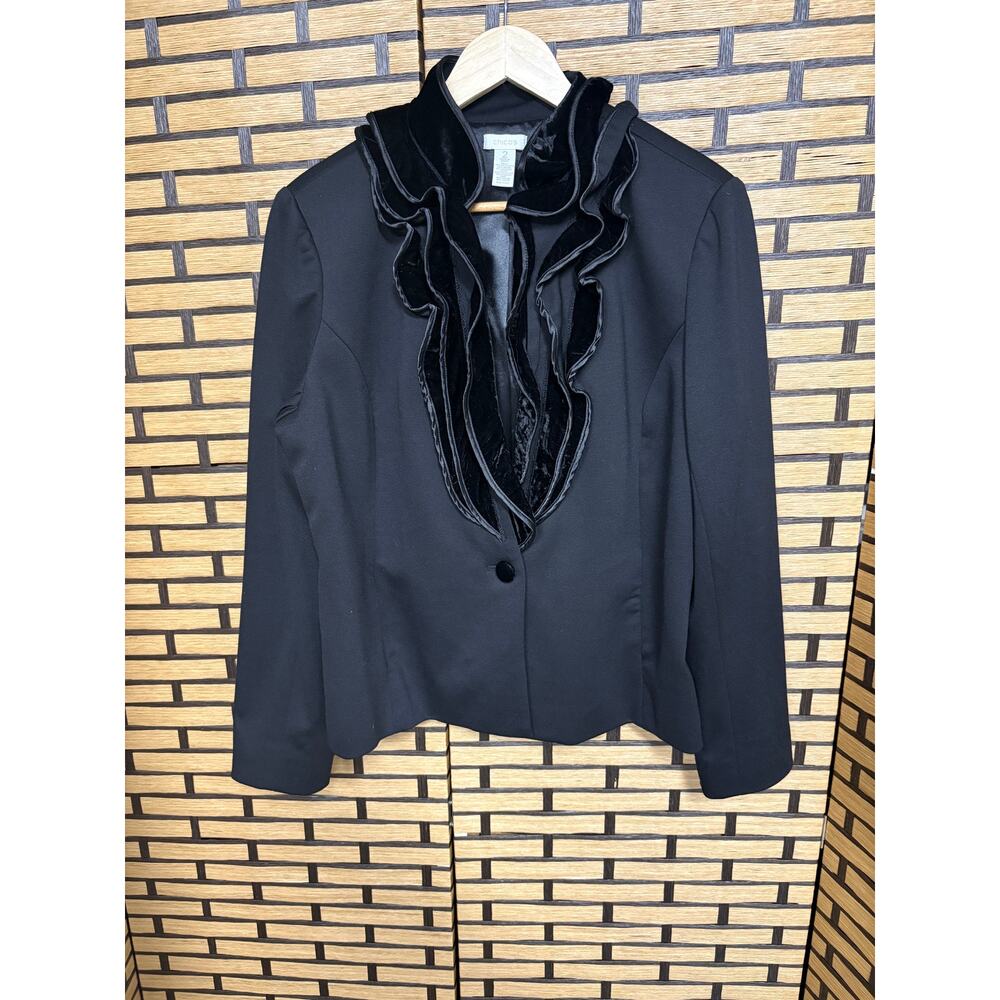 Chico's Black Velver Ruffle Trim Blazer Size 2 (Size Large)‎